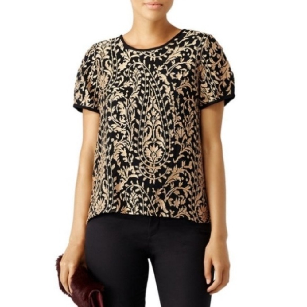 Joie Blouse Top Womens L /XL Janpath Metallic Embroidered Short Sleeve Gold Glam